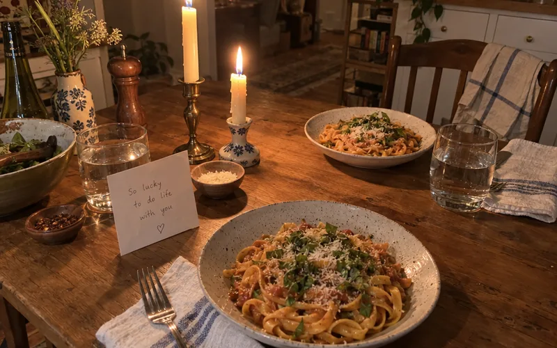 Kitchen table set for two with candles, pasta and a handwritten note