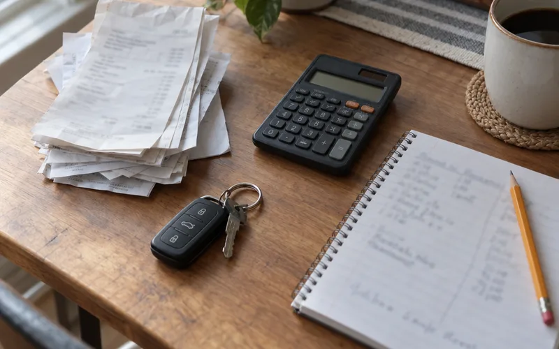 Car repair receipts, a calculator and a notebook on a kitchen table for working out a yearly maintenance budget
