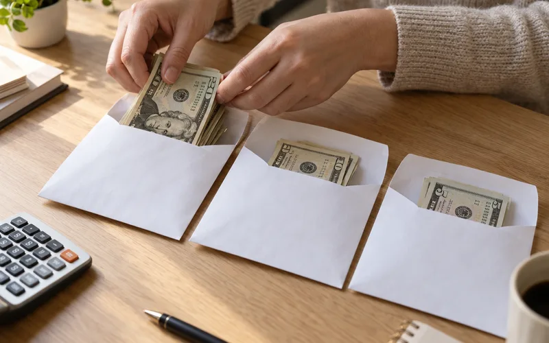 Hands dividing cash into three envelopes of different thickness next to a calculator