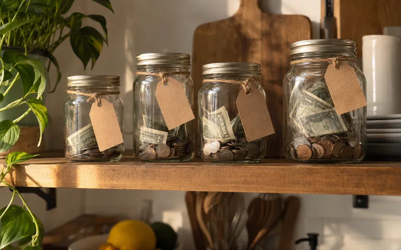 Glass jars with blank tags holding cash saved toward different goals