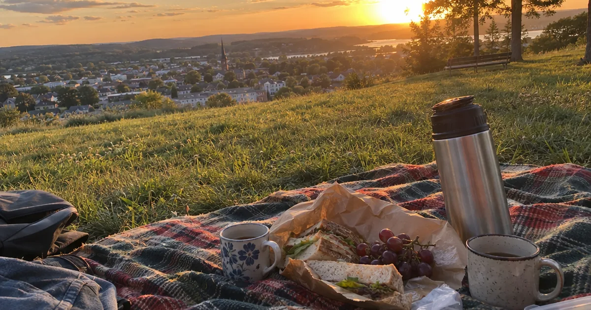 Picnic blanket with a thermos, mugs and sandwiches on a park hill at sunset
