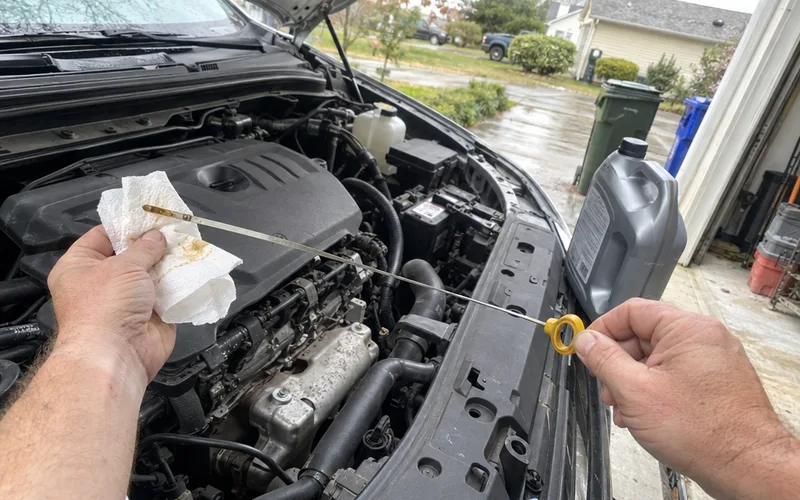 Hands checking a car's oil level with the dipstick in a driveway