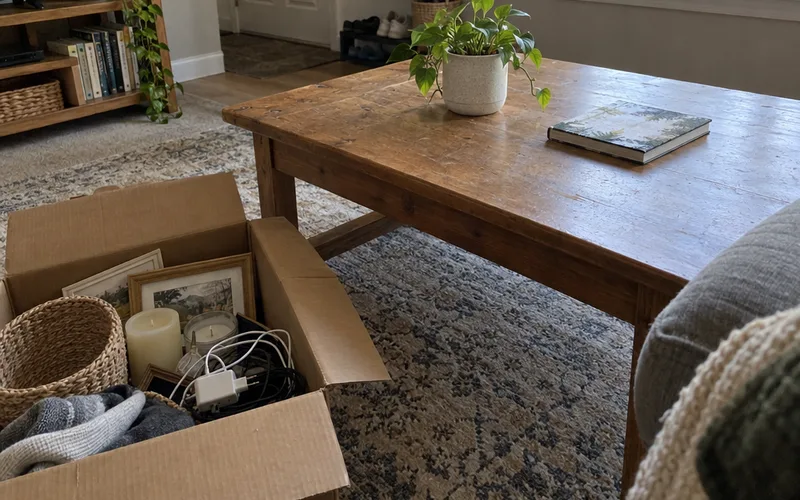 Bare coffee table with one plant and a book, next to a cardboard box of decor taken out of the room
