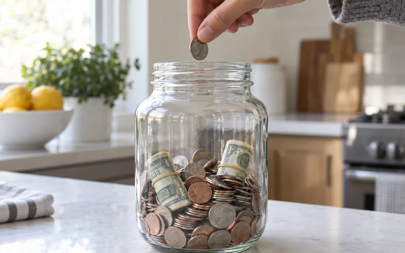 Hand adding coins to a glass jar used as an emergency savings fund