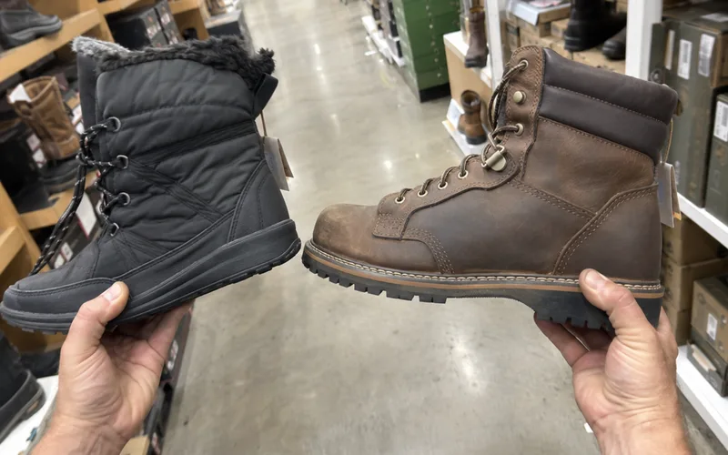 A flimsy budget boot held next to a sturdier boot