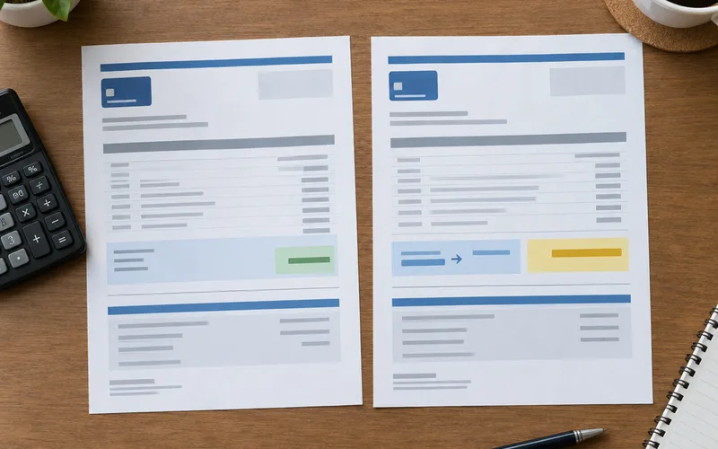 Two credit card statements compared after a balance transfer