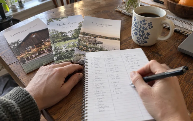 Hands comparing venue quotes in a notebook beside printed brochures