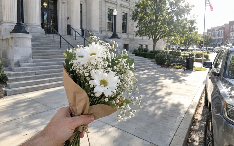 Hand holding a small white bouquet in front of county courthouse steps