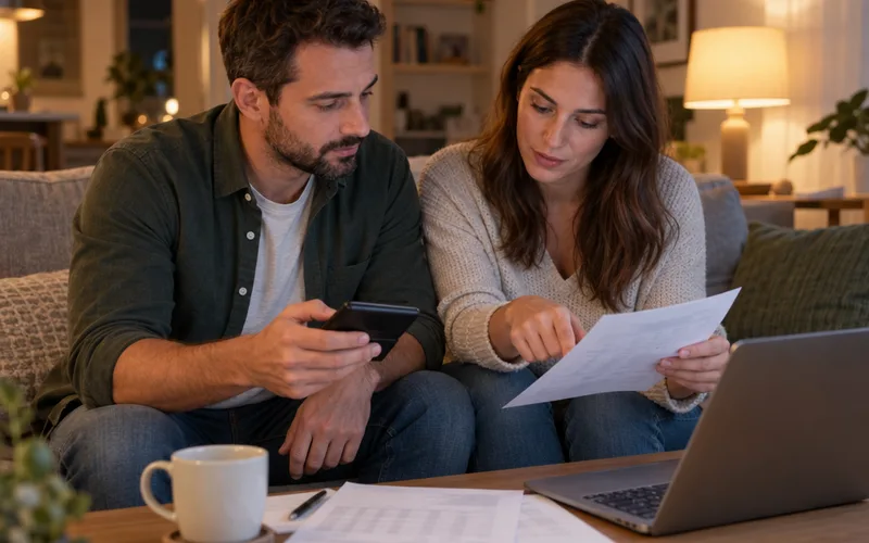 Couple on a sofa checking a phone and printed figures to work out their retirement savings target