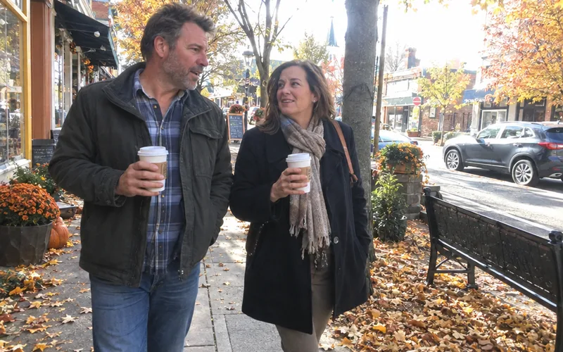 Couple walking a neighborhood sidewalk with coffee on a daytime date