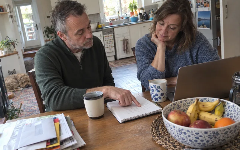 Couple planning a shared budget at the kitchen table