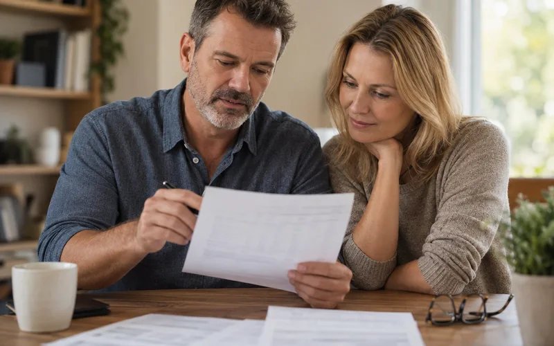 Middle-aged couple reviewing printed retirement statements at a home desk