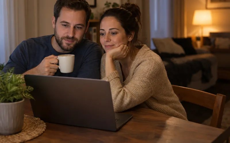Couple sitting at a dining table reviewing their savings on a laptop