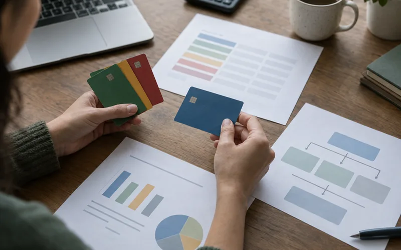 Borrower comparing credit accounts and consolidation options on paper