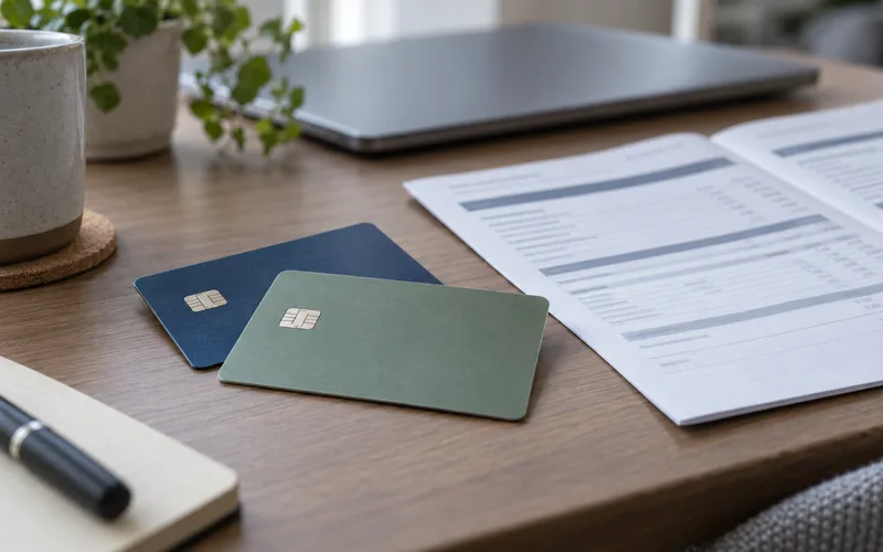 Illustration of plain payment cards beside account statements for a credit review.