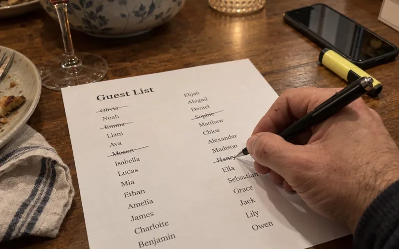 Hand crossing names off a printed wedding guest list with a pen