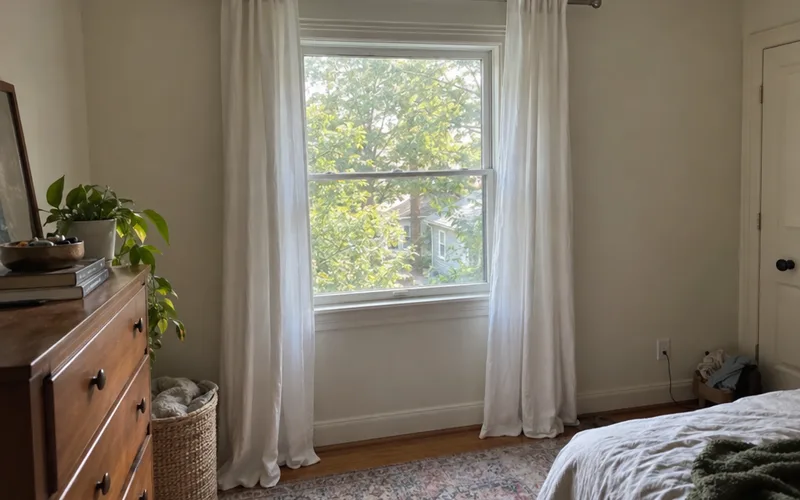 Floor-length white curtains hung from a rod mounted just below the ceiling in a small bedroom