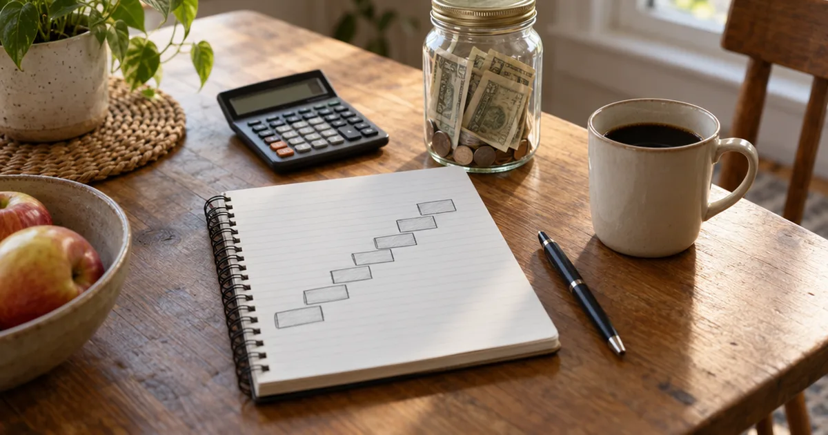Notebook with a hand-drawn seven-step staircase beside a jar of cash and a calculator on a kitchen table