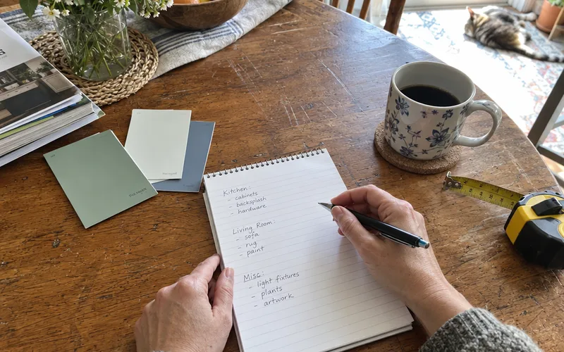 Hands writing a short list of budget decorating ideas next to paint swatches and a tape measure