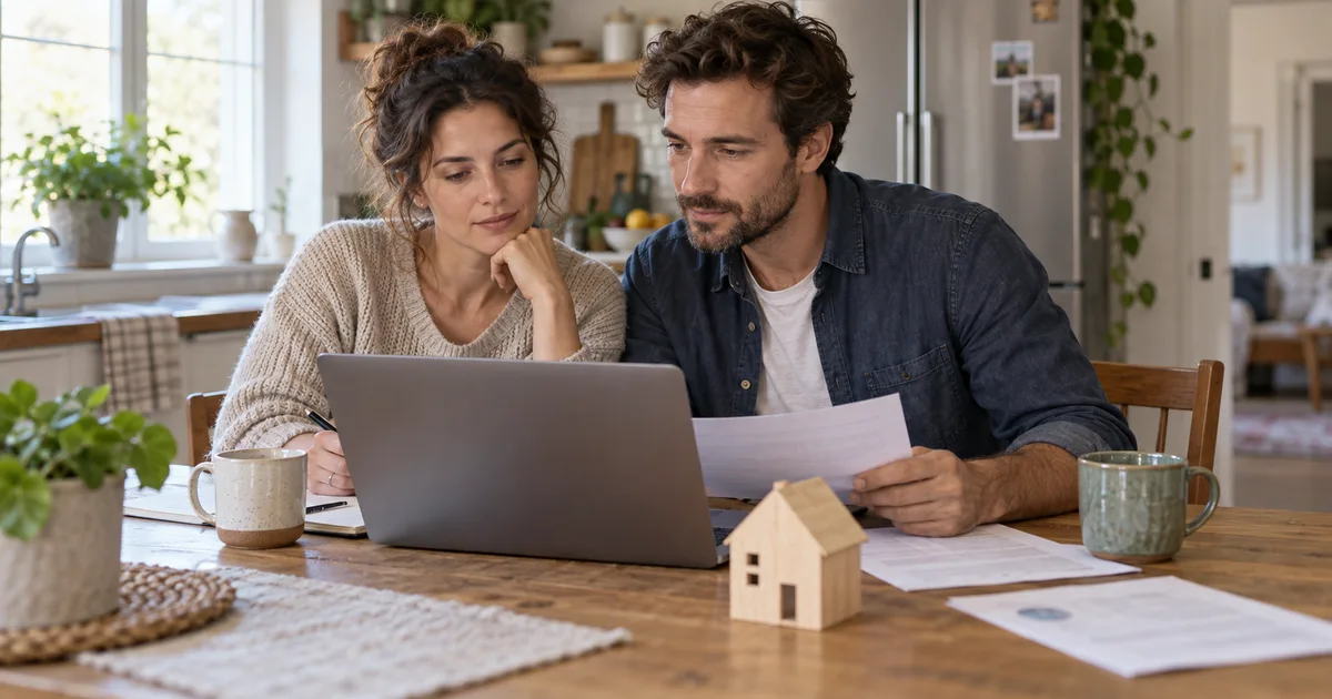 Illustration of two adults reviewing household finances beside a small wooden house model.