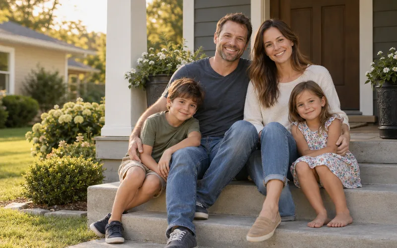 Family of four sitting on the front porch steps of their home in afternoon light