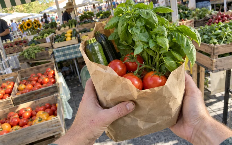 Hands holding a paper bag of fresh produce at a farmers market