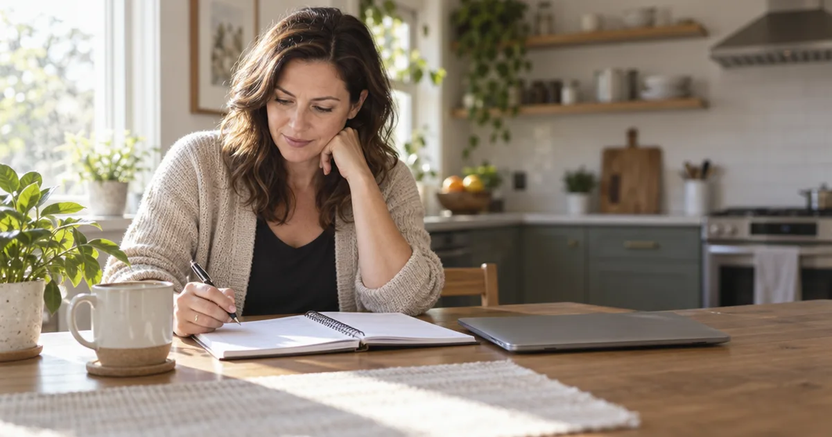 Woman at a sunny kitchen table reviewing her household budget in a notebook beside a laptop