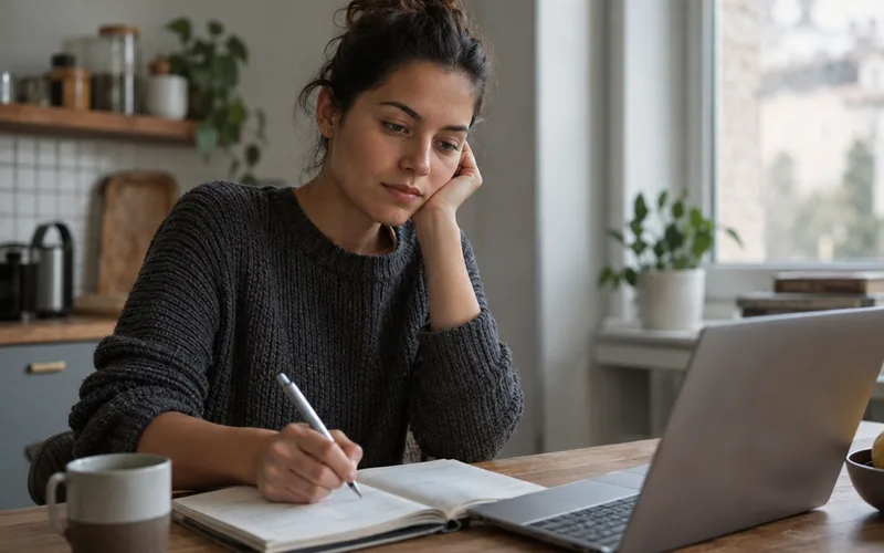 Freelancer writing in a planner beside a laptop at a small kitchen table