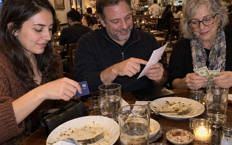Friends splitting a restaurant bill by what each person ordered