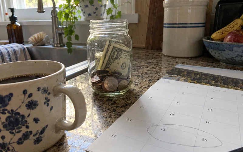 Glass jar holding a small date fund beside a paper calendar