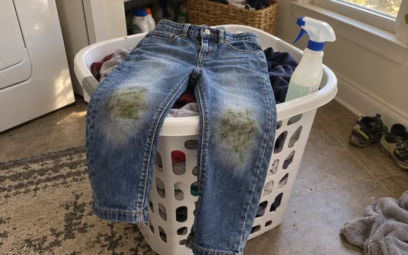 Child's jeans with grass stains on the knees waiting to be pretreated before washing
