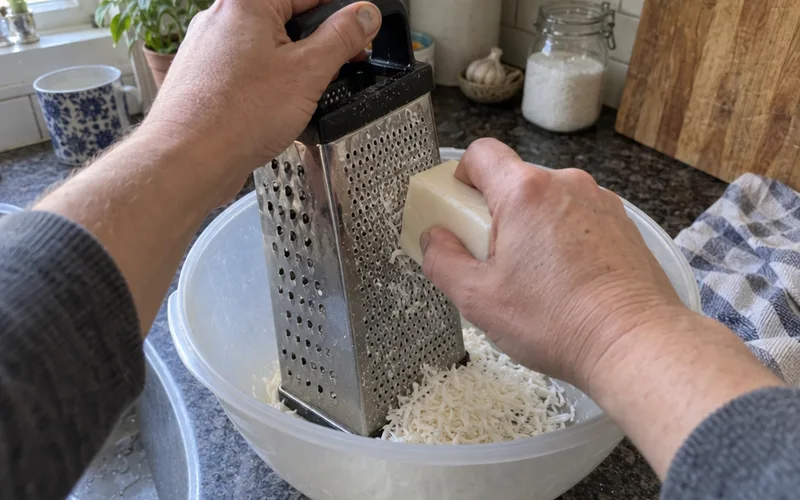 Hand grating a bar of laundry soap on the fine side of a box grater into a bowl