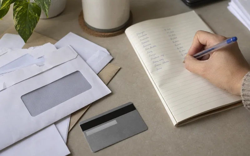 Person writing a list of debts in a notebook next to opened bills and a credit card