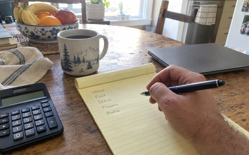 Hand writing a wedding budget list on a legal pad beside a calculator