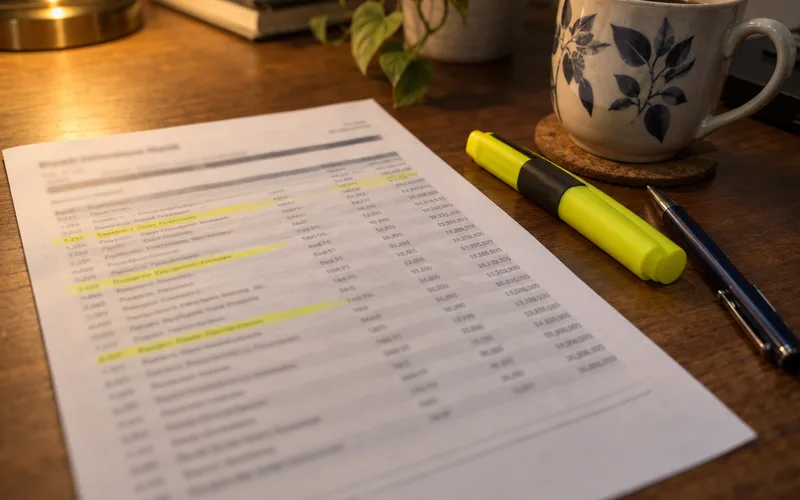 A printed bank statement with several lines marked in yellow highlighter next to a pen and a cup of coffee
