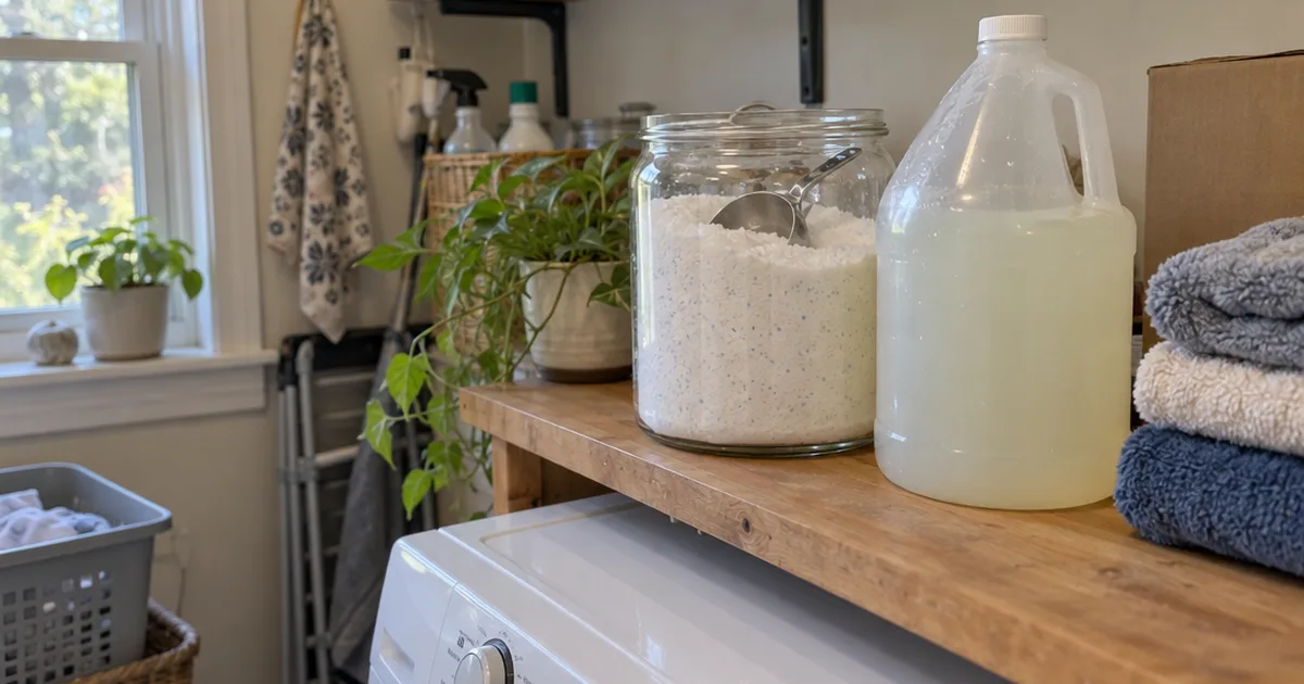 Jar of homemade laundry detergent powder next to a jug of homemade liquid detergent on a laundry room shelf