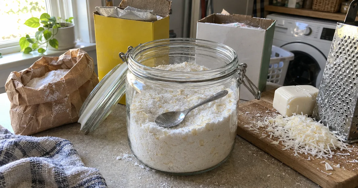 Jar of homemade laundry detergent powder beside washing soda, borax, baking soda and a half-grated bar of soap
