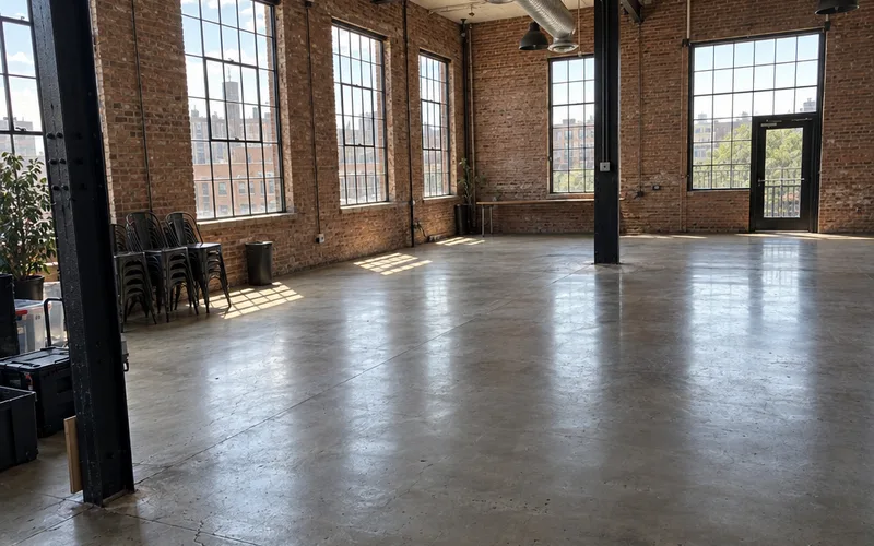 Empty industrial loft event space with brick walls and tall factory windows