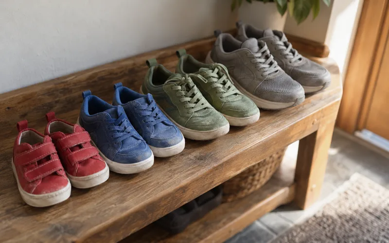 Four pairs of children's sneakers lined up from smallest to largest on a wooden entryway bench