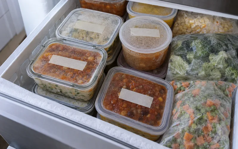 An open freezer drawer stacked with single-portion containers of soup, chili and rice next to bags of frozen vegetables