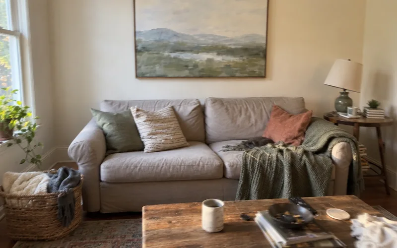 One large framed print hung above a sofa as the focal point of a small living room