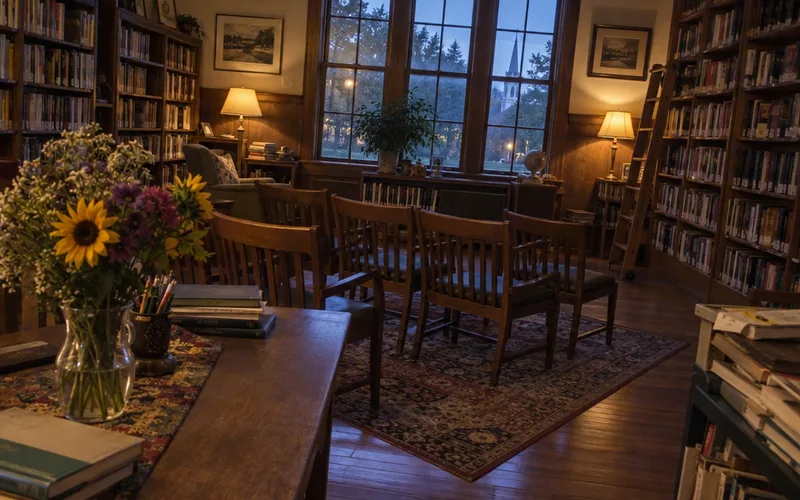Small public library reading room with chairs set in rows after closing time