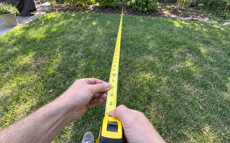 Hands stretching a tape measure across a backyard lawn to plan seating