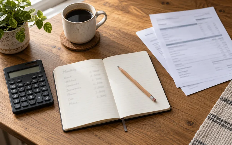 Illustration of a calculator beside a notebook used to compare monthly debt payments.