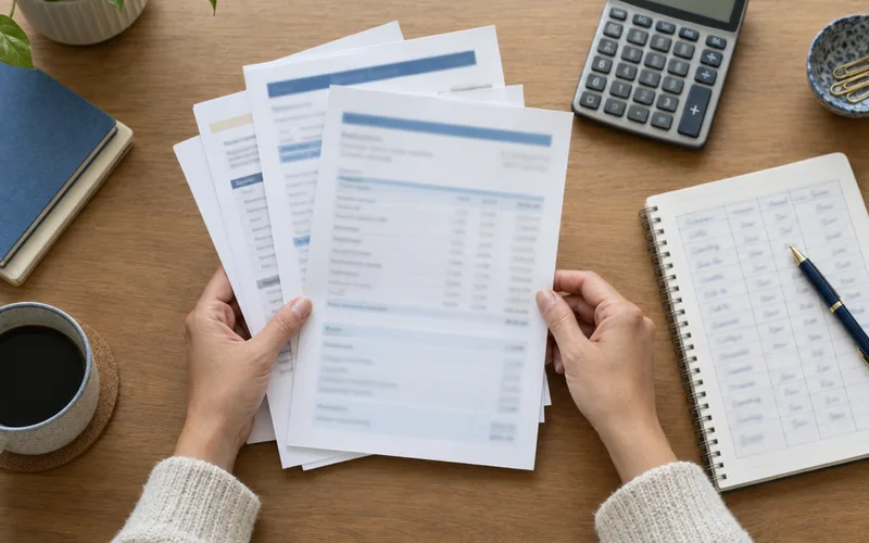 Hands reviewing monthly debt payments with a calculator and organized statements
