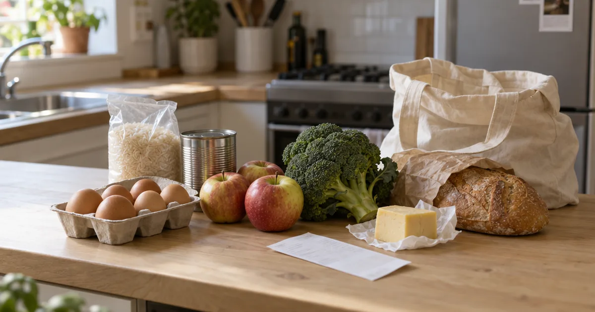 A small week of groceries for one person, including eggs, rice, beans, apples and broccoli, unpacked on a wooden kitchen counter