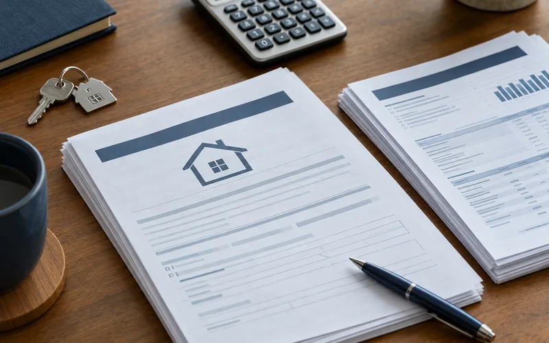 Mortgage application paperwork organized beside debt records and a house key