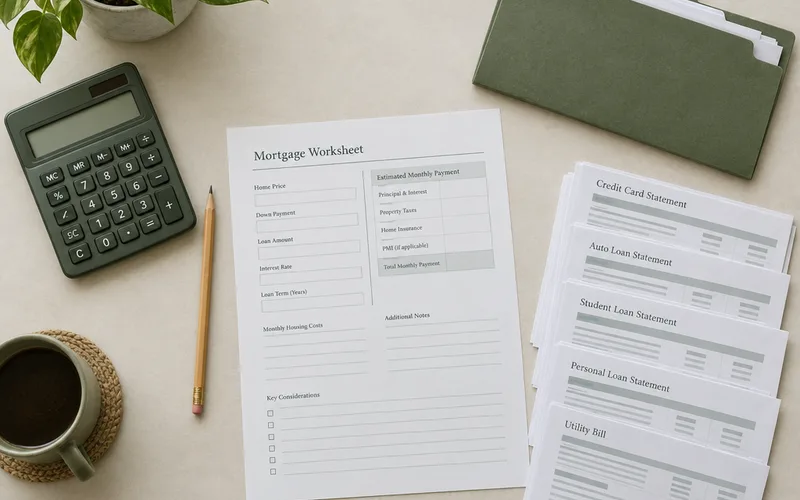 Calculator beside income and debt notes for a mortgage budget review