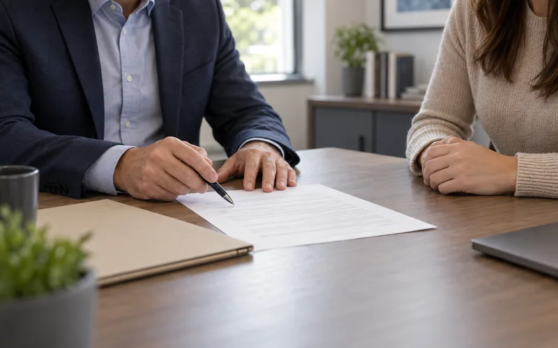 Illustration of a borrower and loan officer reviewing paperwork before a mortgage application.