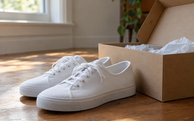A pair of new white canvas sneakers resting beside an open plain cardboard shoe box on a wooden floor